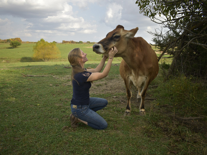 Cassie Krebill kneeling in front of a cow and looking into its face